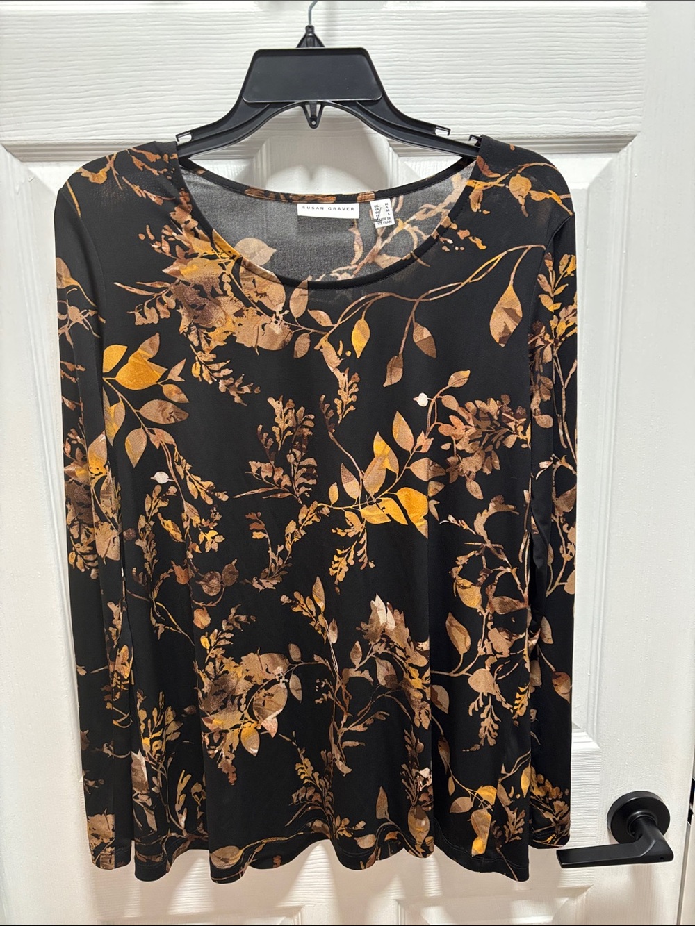 Susan Graver Black Long-Sleeve Floral Scoop Neck Top - Brown & Yellow Leaf Print